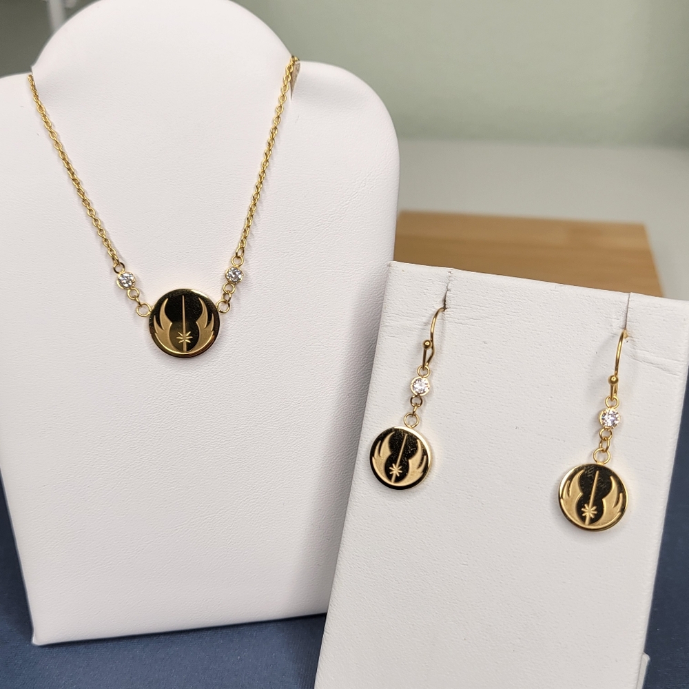 Star Wars Jedi Order Symbol Gold Tone w/CZ's Dangle Stainless Earrings - Picture 4 of 4